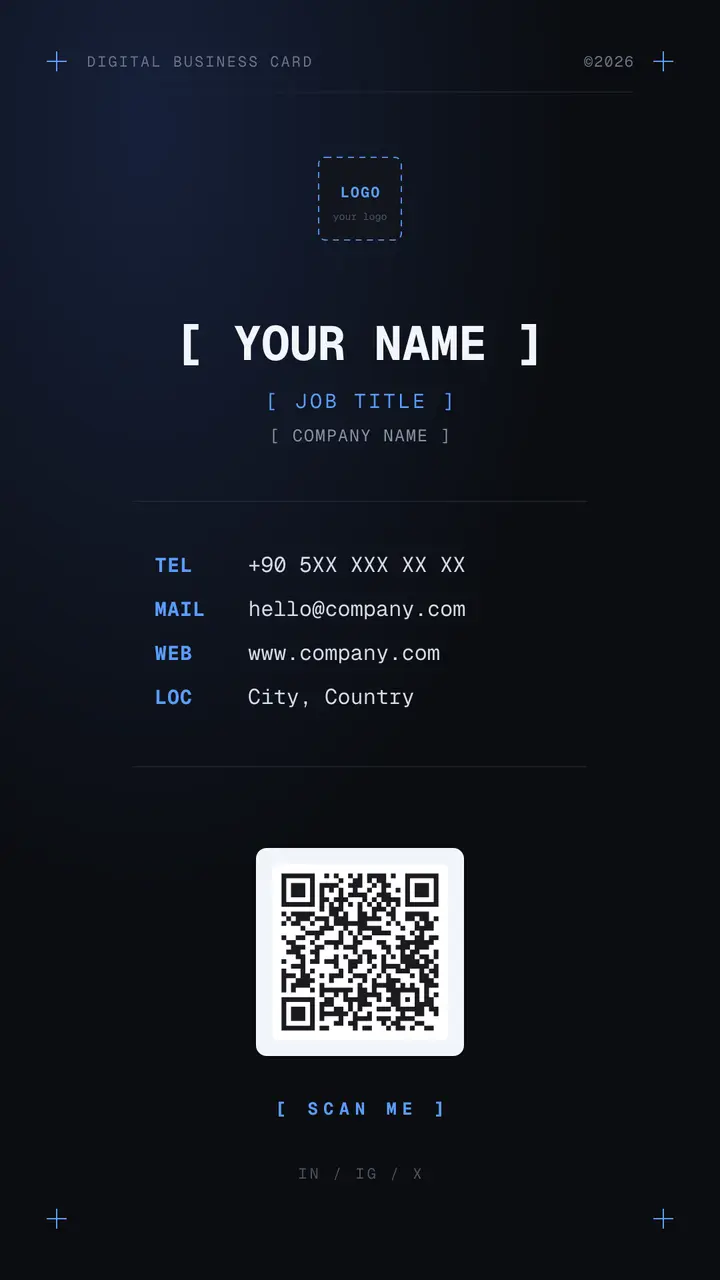 Digital Business Cards — Tech (mono + blue) template